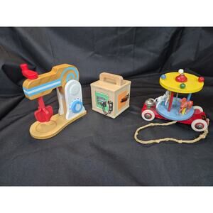 Vintage 1960s Brio Carousel Kids Merry-Go-Round Pull Toy With Other Wooden Toys.